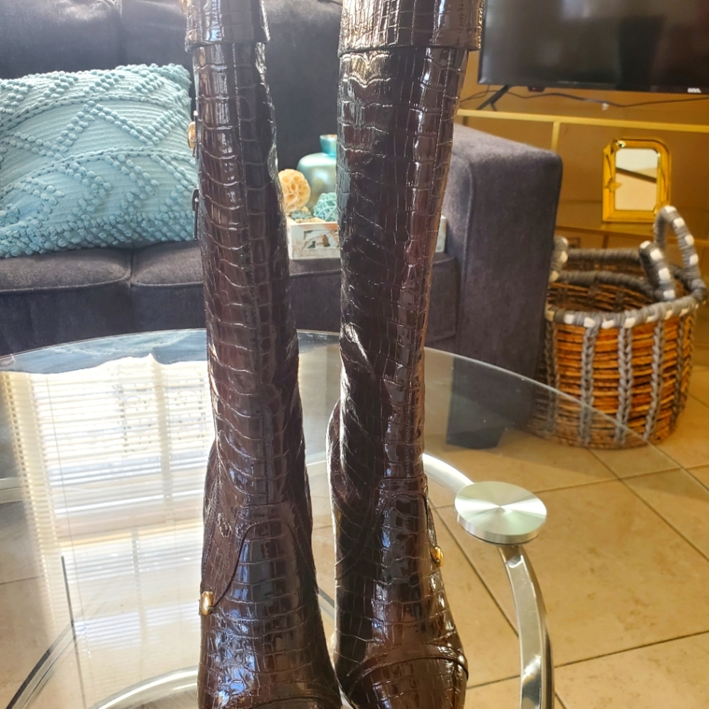 Brown Crocodile Knee High Boots